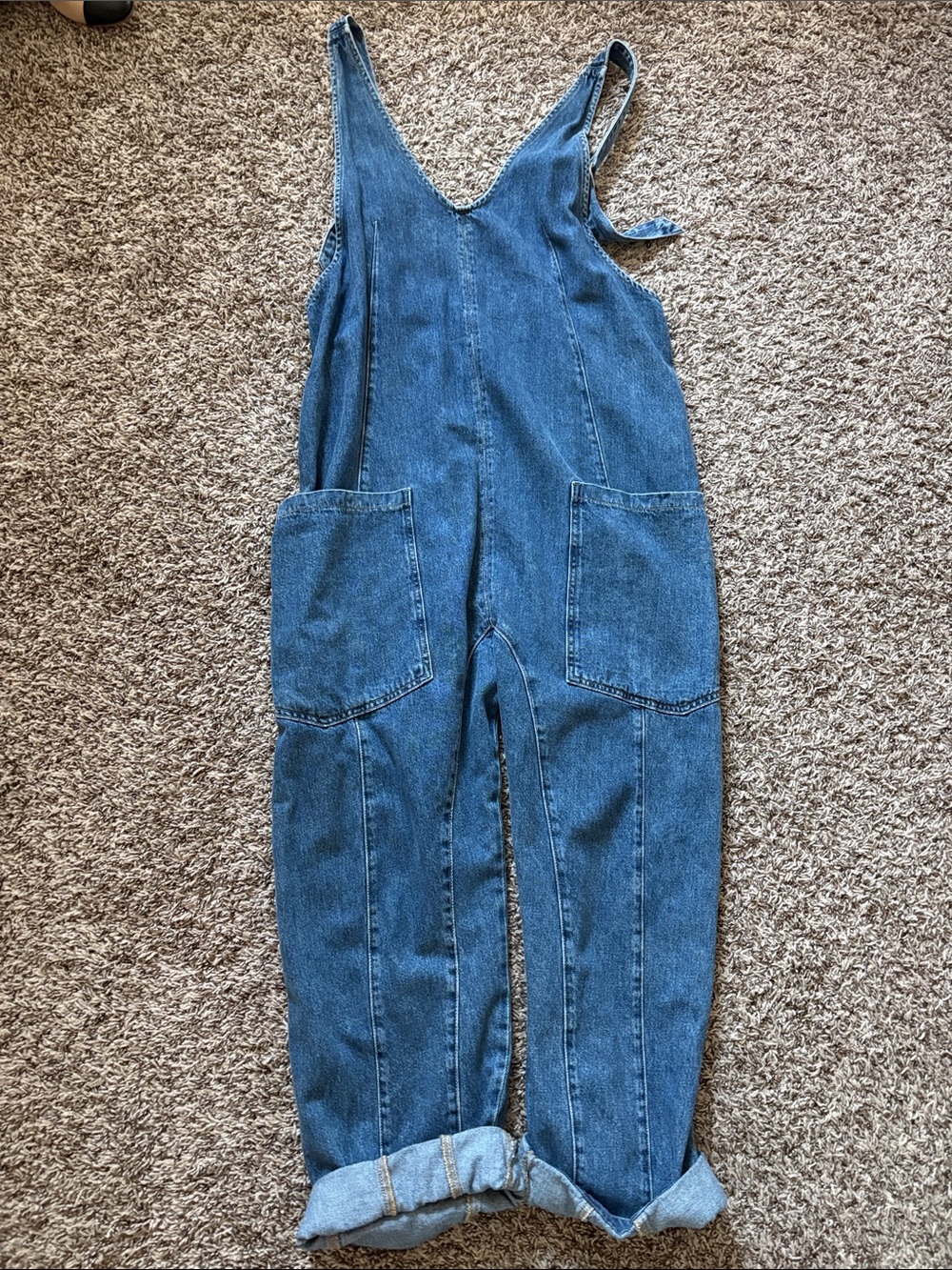 We The Free Blue Denim Utility Jumpsuit with Patch Pockets